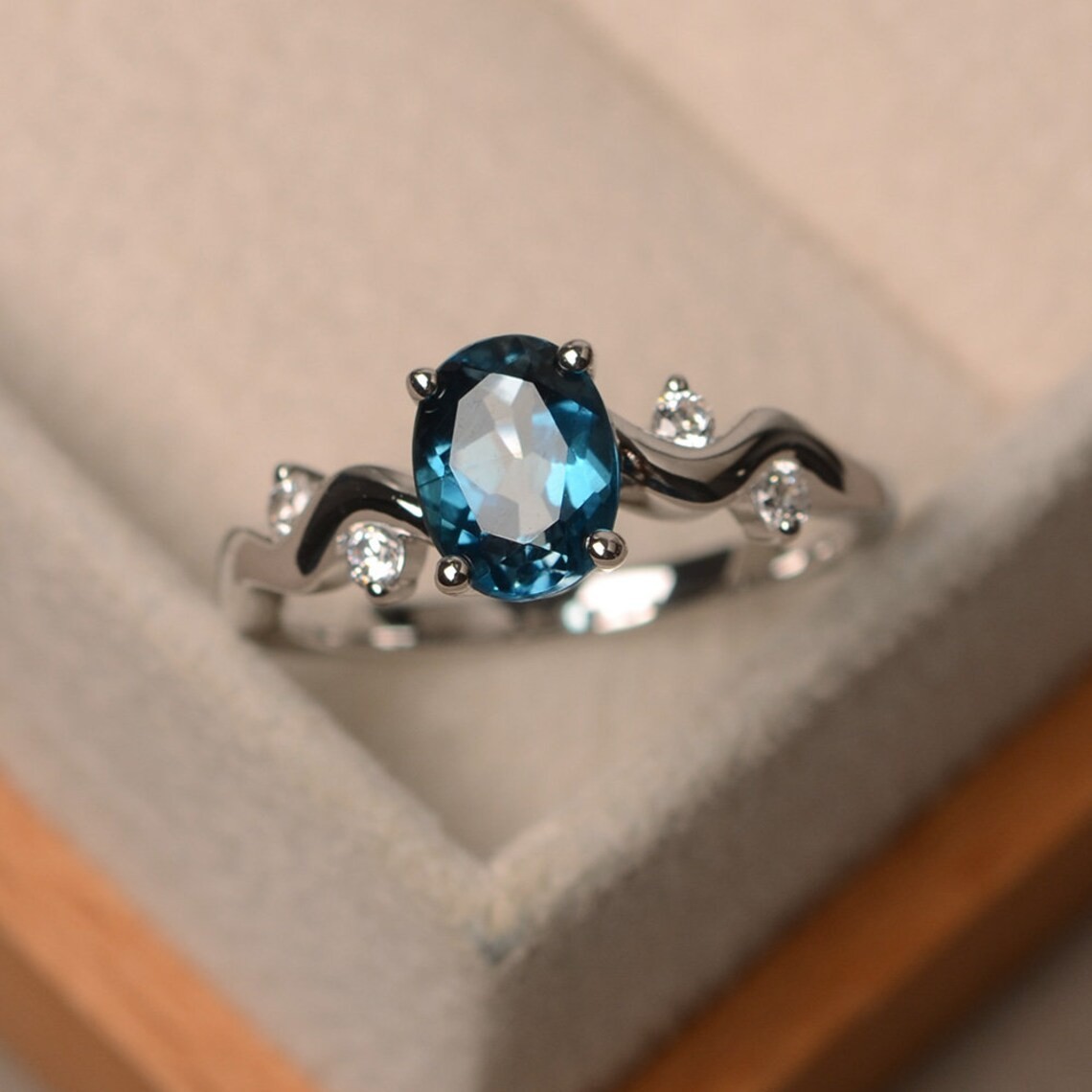 2CT Oval Blue Topaz Dainty 925 Silver Plated Statement Ring Duty Free