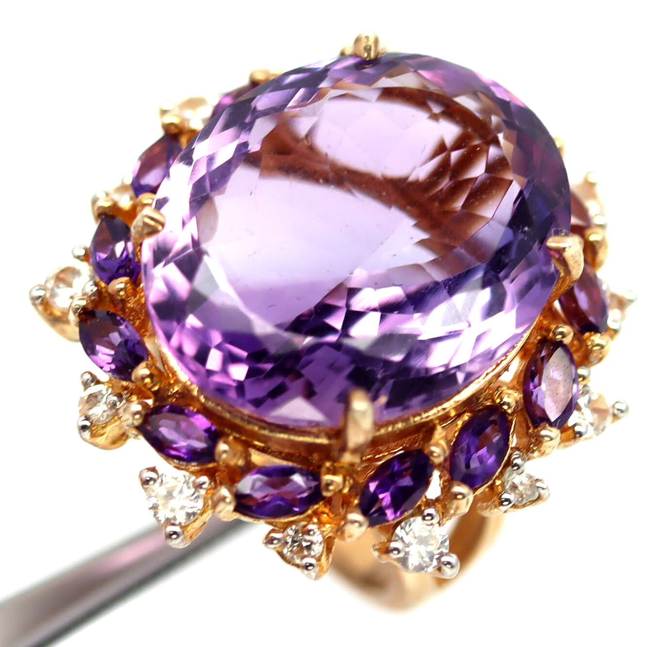925 Silver 18 x 22 MM. Purple Amethyst & White Zircon Jewelry Ring Size 6