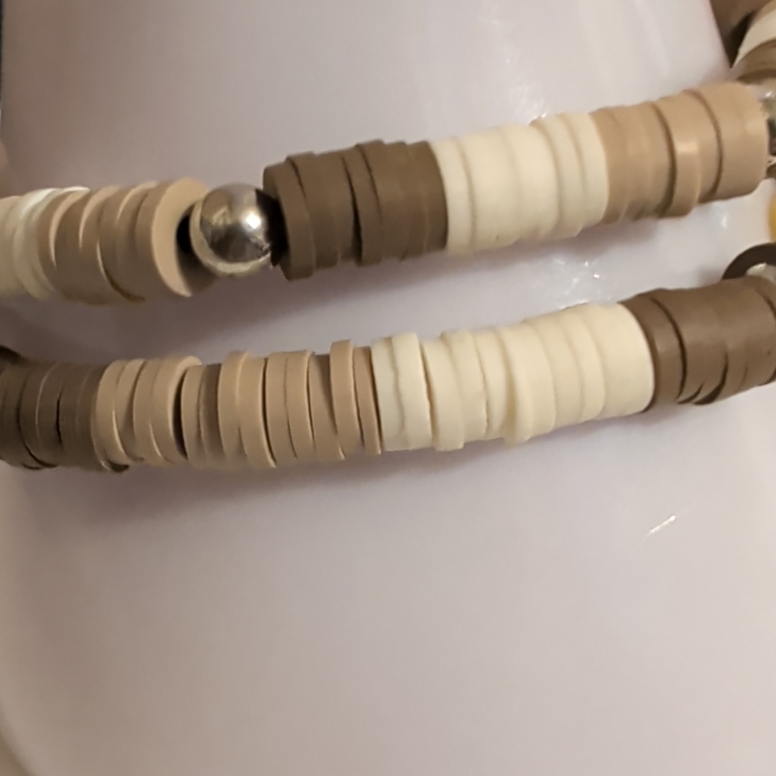 Stackable Beaded Stretch Bracelet Set Beige Brown White w/ Yellow Smiley Charm