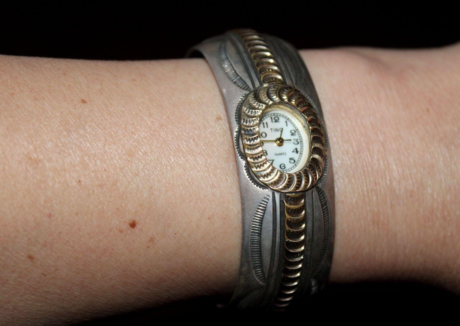 Navajo Carson Blackgoat Stamped Sterling Quartz Watch Bracelet