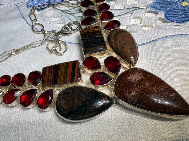 Artisan Silver Plated Multi‑Stone Teardrop Statement Necklace 13.5–17″