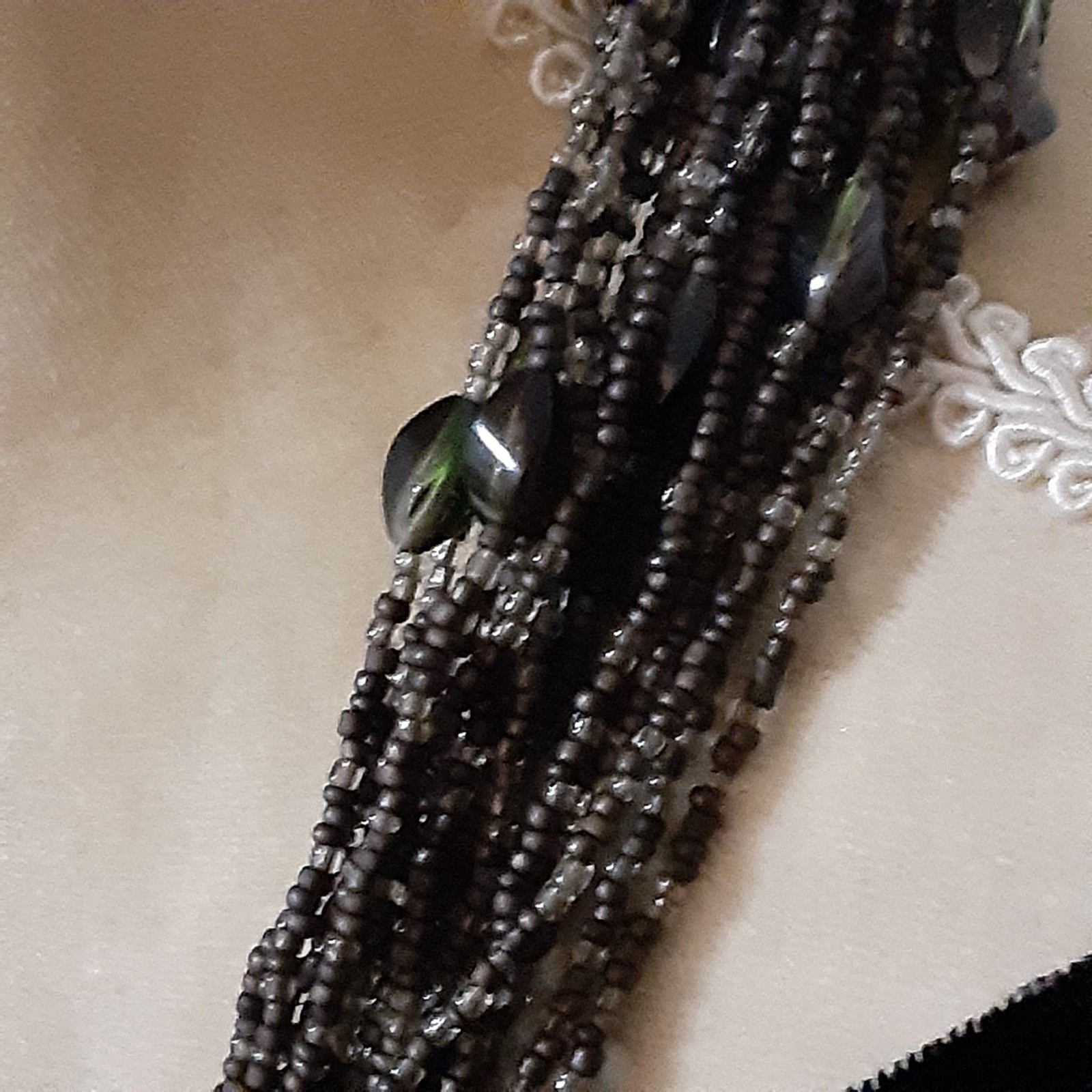 Vintage 1960-70’s all seed beaded wrap necklace scarf grey brown tones 46″