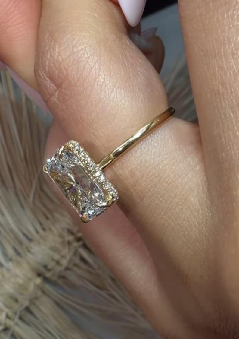 2.0 CT Radiant Cut Moissanite Prong Set 14K Gold Hidden Halo Engagement Ring