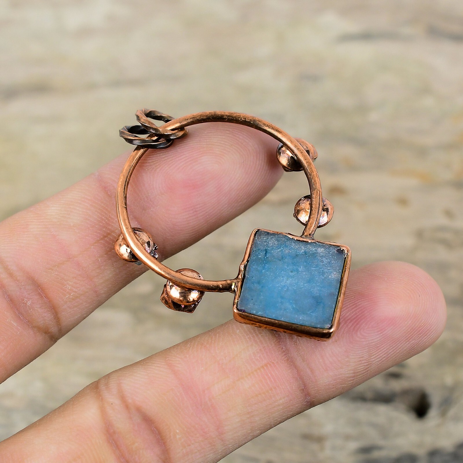 Blue Druzy Gemstone Neon Apatite Rough Copper Electroformed Wife Pendant Jewelry