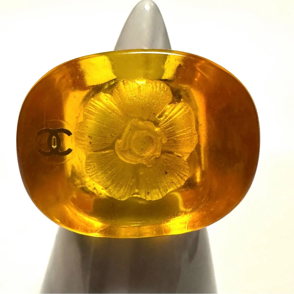 CHANEL Camellia CC Logo Resin Ring Orange Clear Size 13 US 6.5 Auth