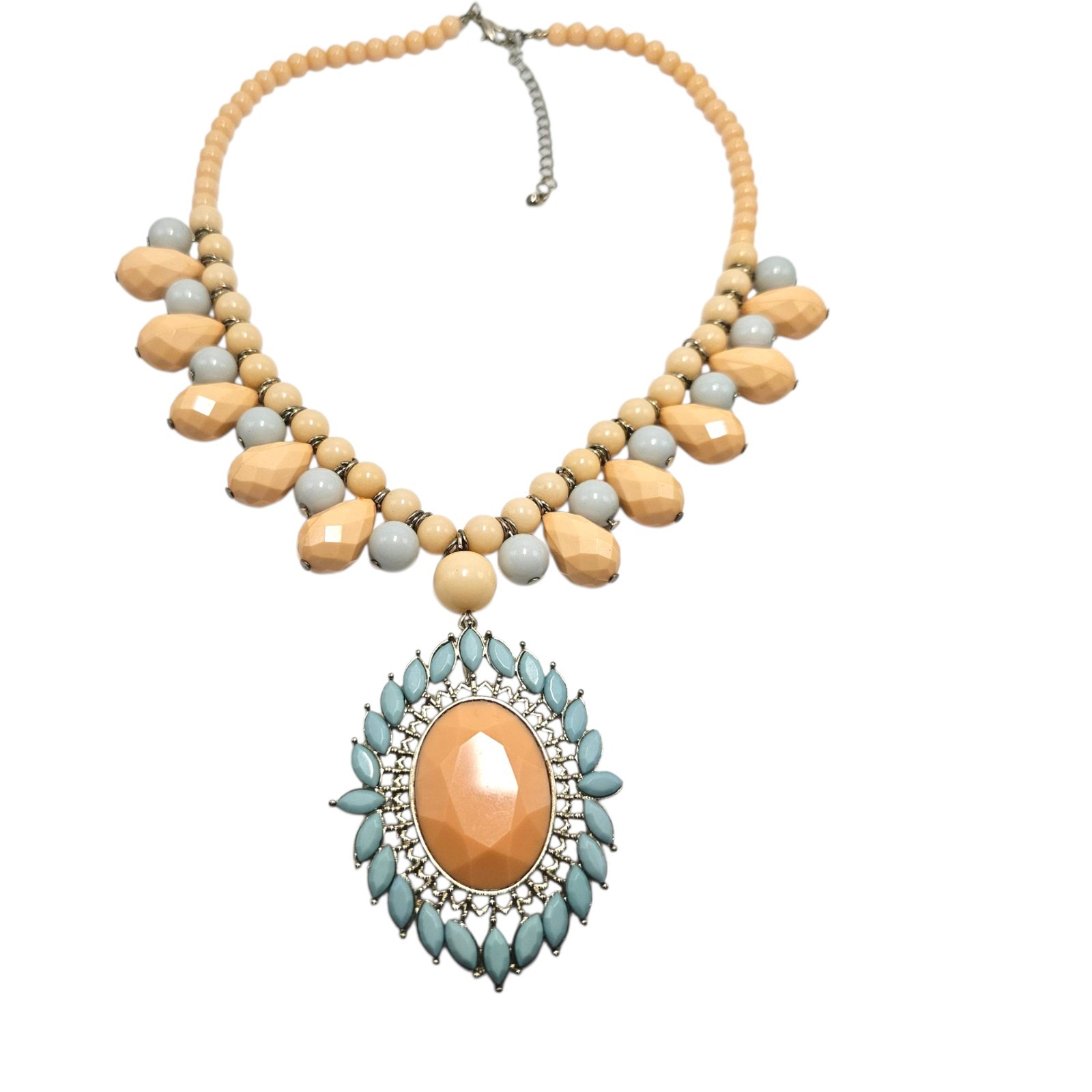 Statement Necklace Powder Blue Peach Beads Spring Summer Gold Tone Jewelry