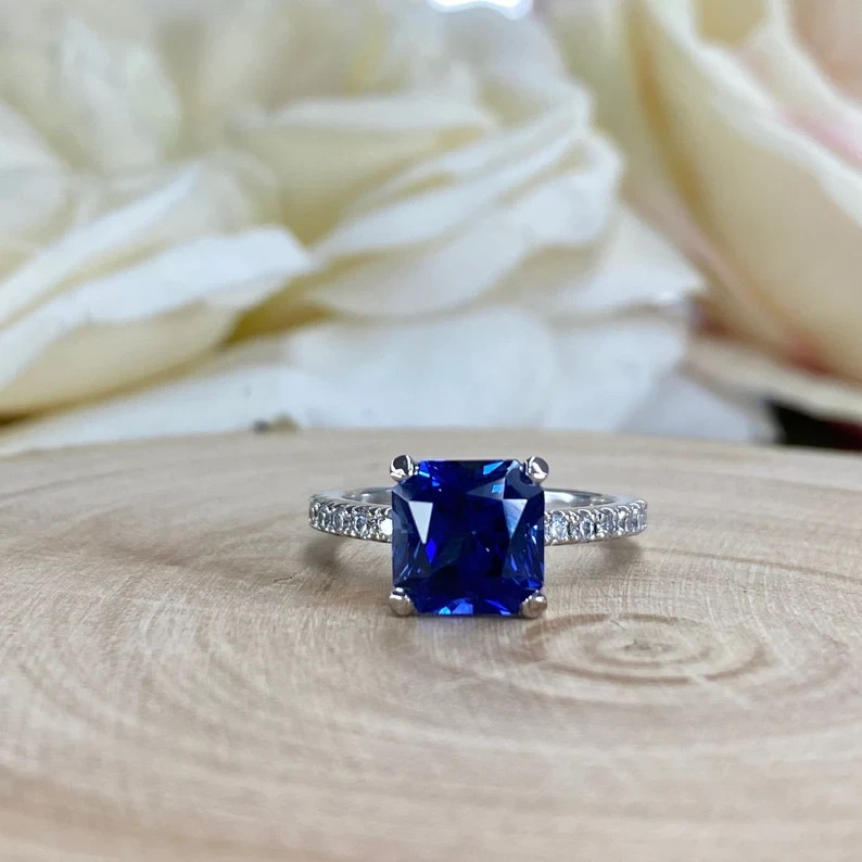 2.30 Ct Princess Natural Sapphire & Diamond Wedding Ring 14K White Gold Size 5