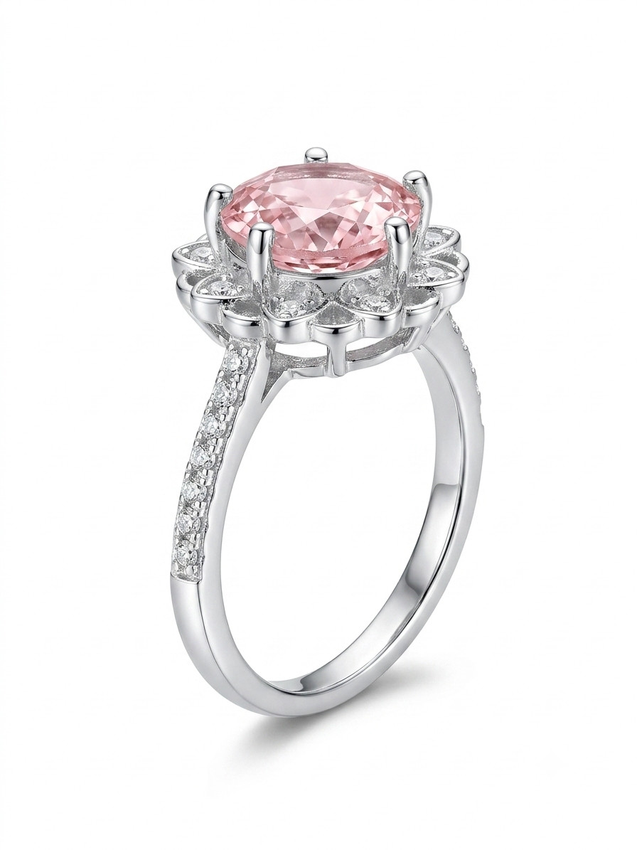 925 Silver Halo Ring, Pink Zircon Flower Engagement Ring, Handmade Promise Gift