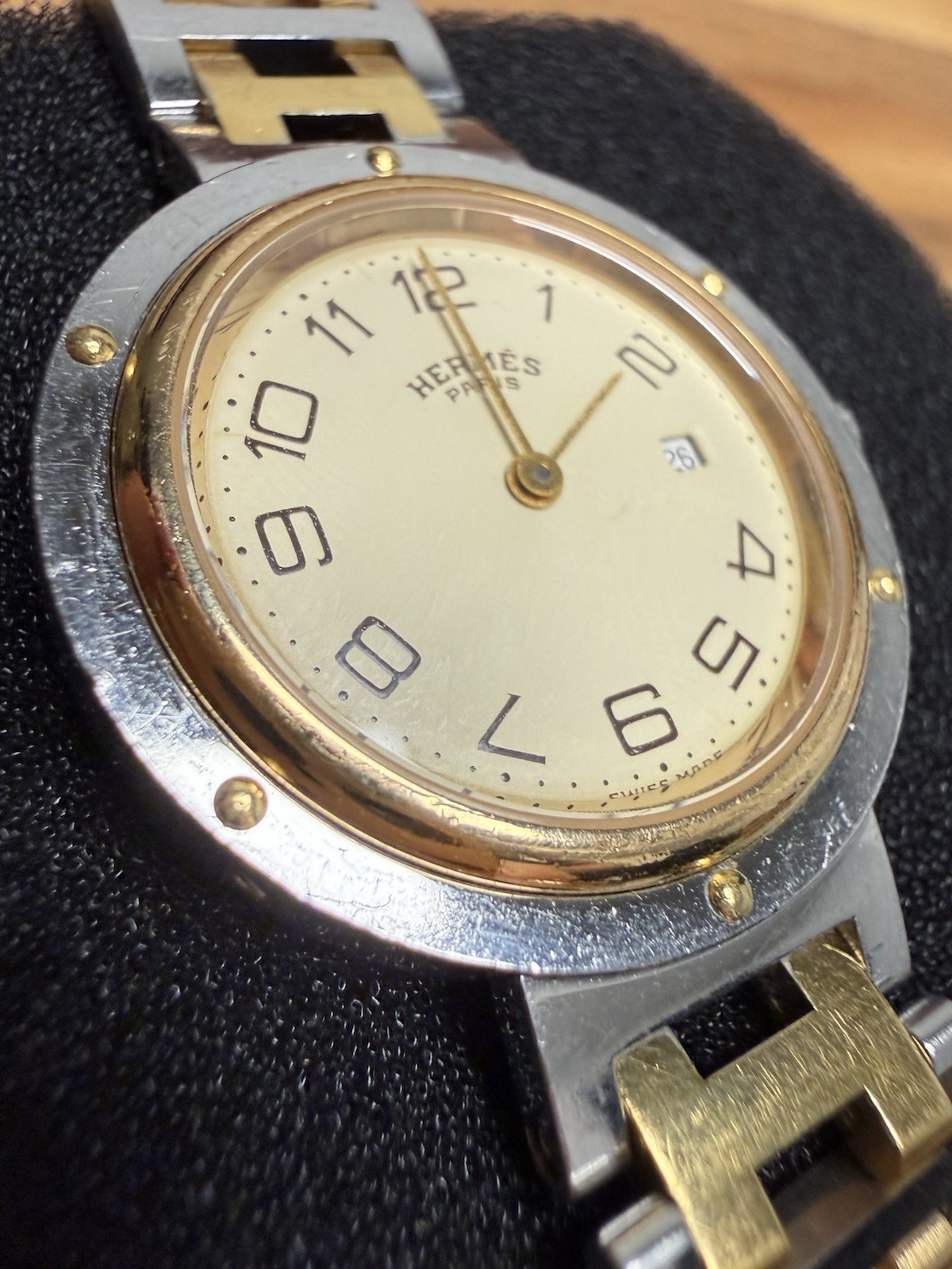 Hermes Clipper Watch Two Tone 30mm With Box Stainless Steel Ladies Authentic