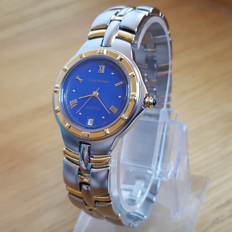 Mens Gold Silver Classic Regency Stye Krug-Baumen Regatta Blue Slim Date Watch