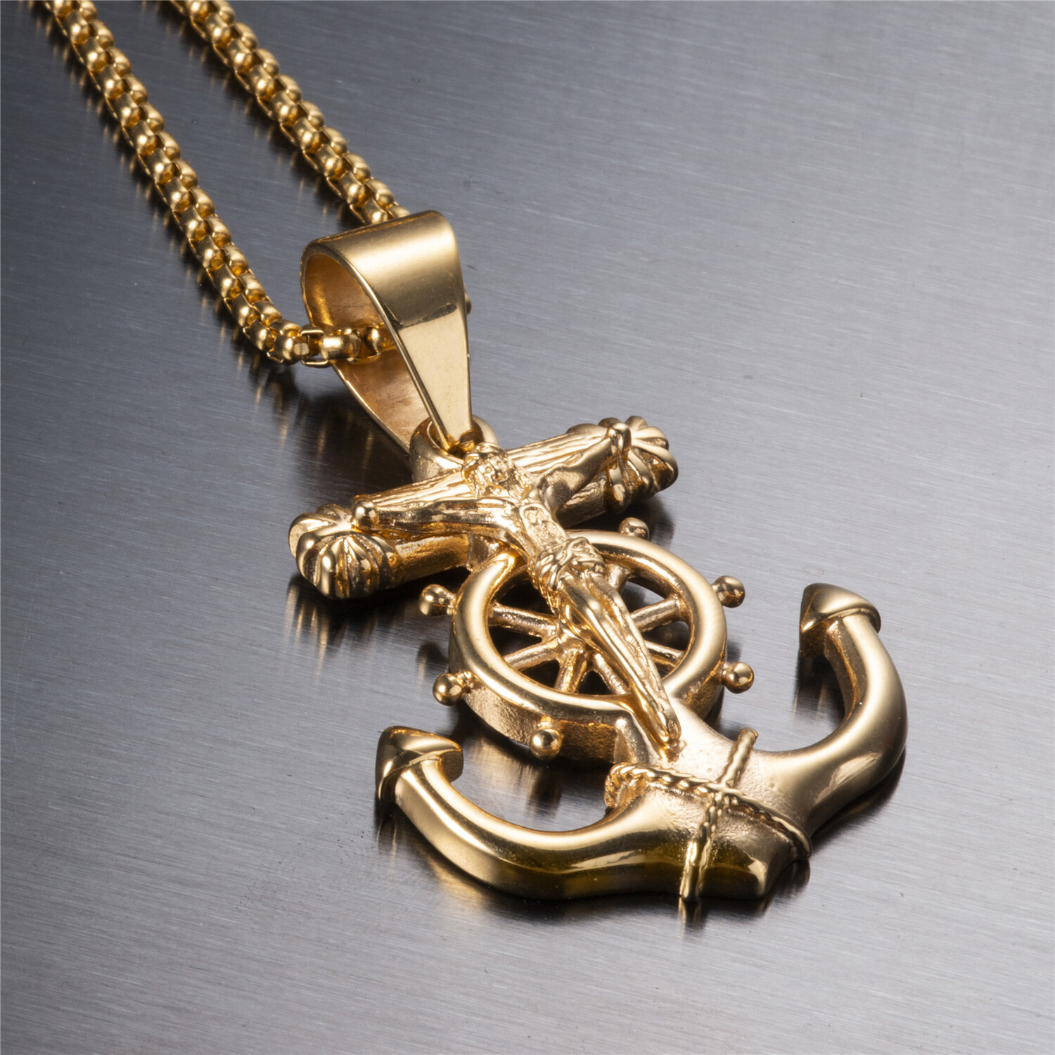 Jesus Cross Anchor Men’s Gold Stainless Steel Pendant Chain Necklace set