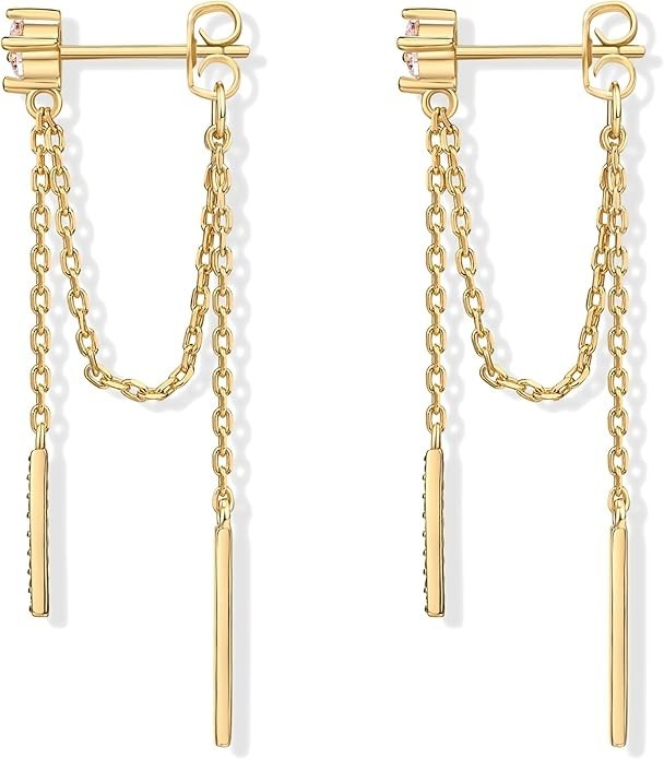 18K Gold Plated S925 Silver Post Drop Dangle Chain Earrings Cubic Zirconia Ball