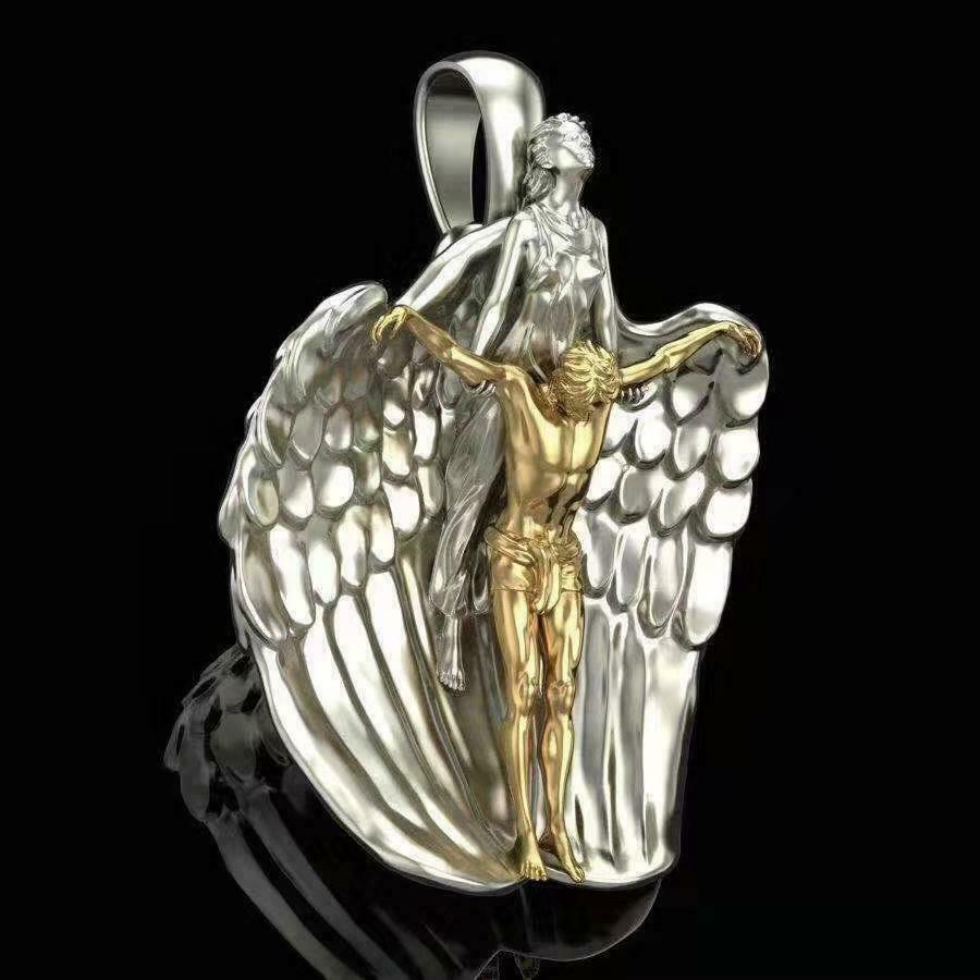 JESUS ANGEL WING PROTECT pendant 20″ 925 Sterling Silver Necklace men women Gold