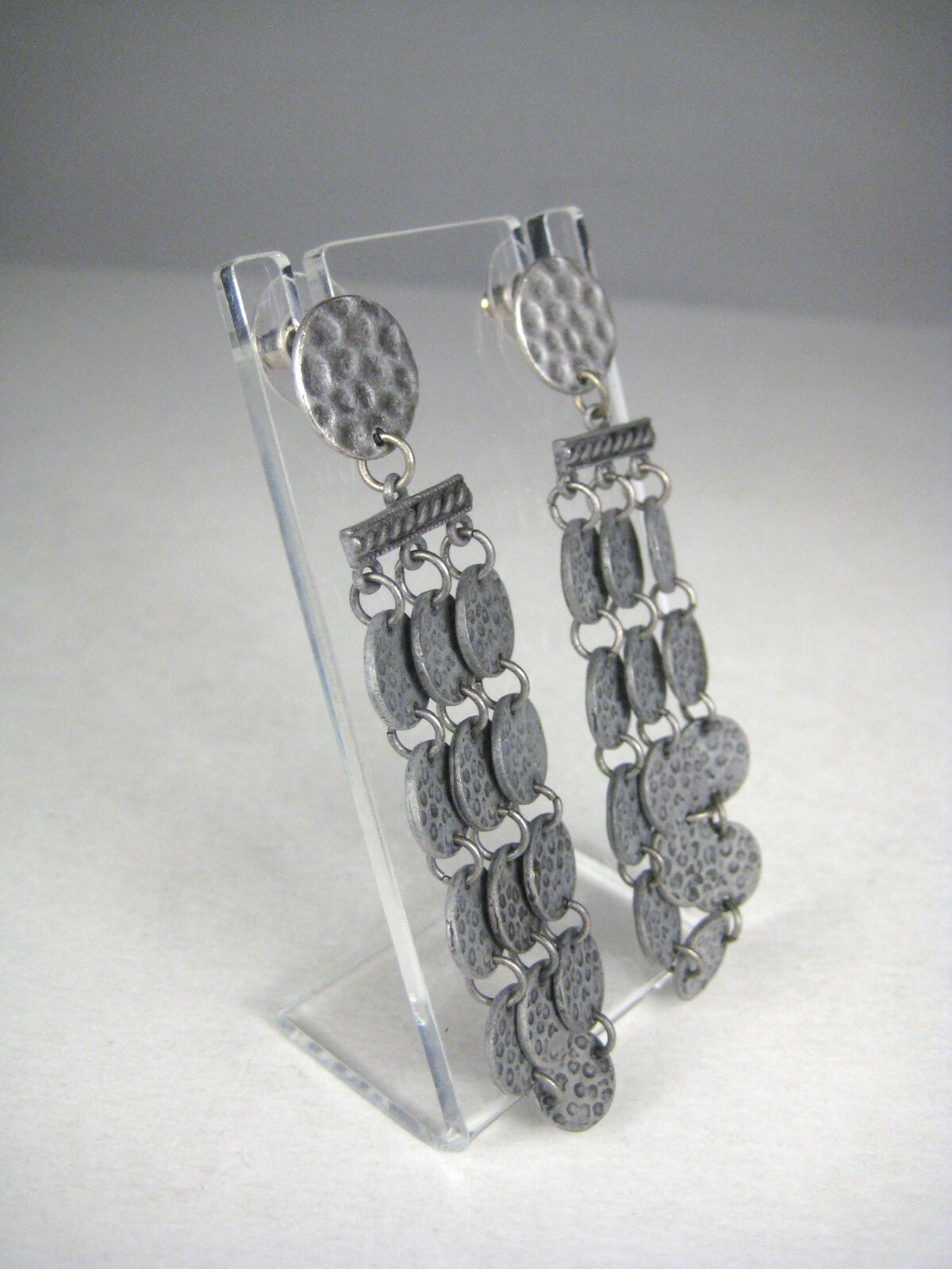 Earrings Womens Pierced Dangle Modern Statement Runway 2.8 in Hammered Gray
