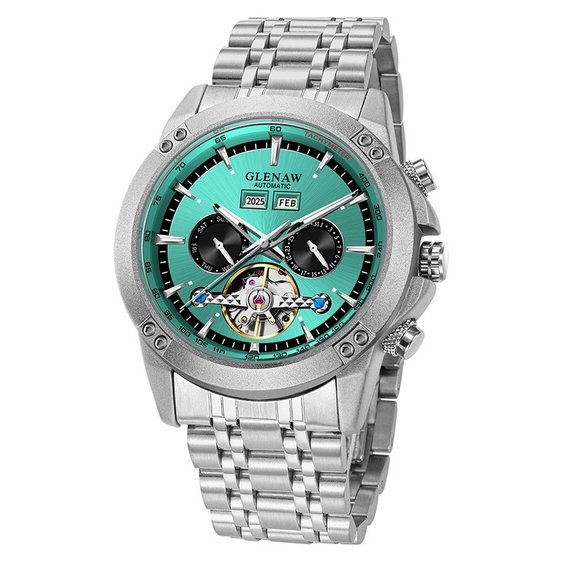 GLENAW men’s automatic mechanical watch skeleton calendar dial luminous hands