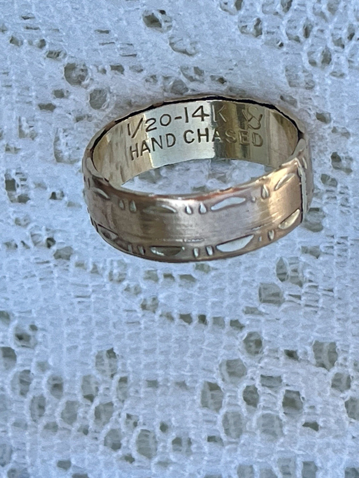 VINTAGE Hand-Chased Gold Fill Wedding Band Wide Ornate Stacking Ring SIGNED 6.25