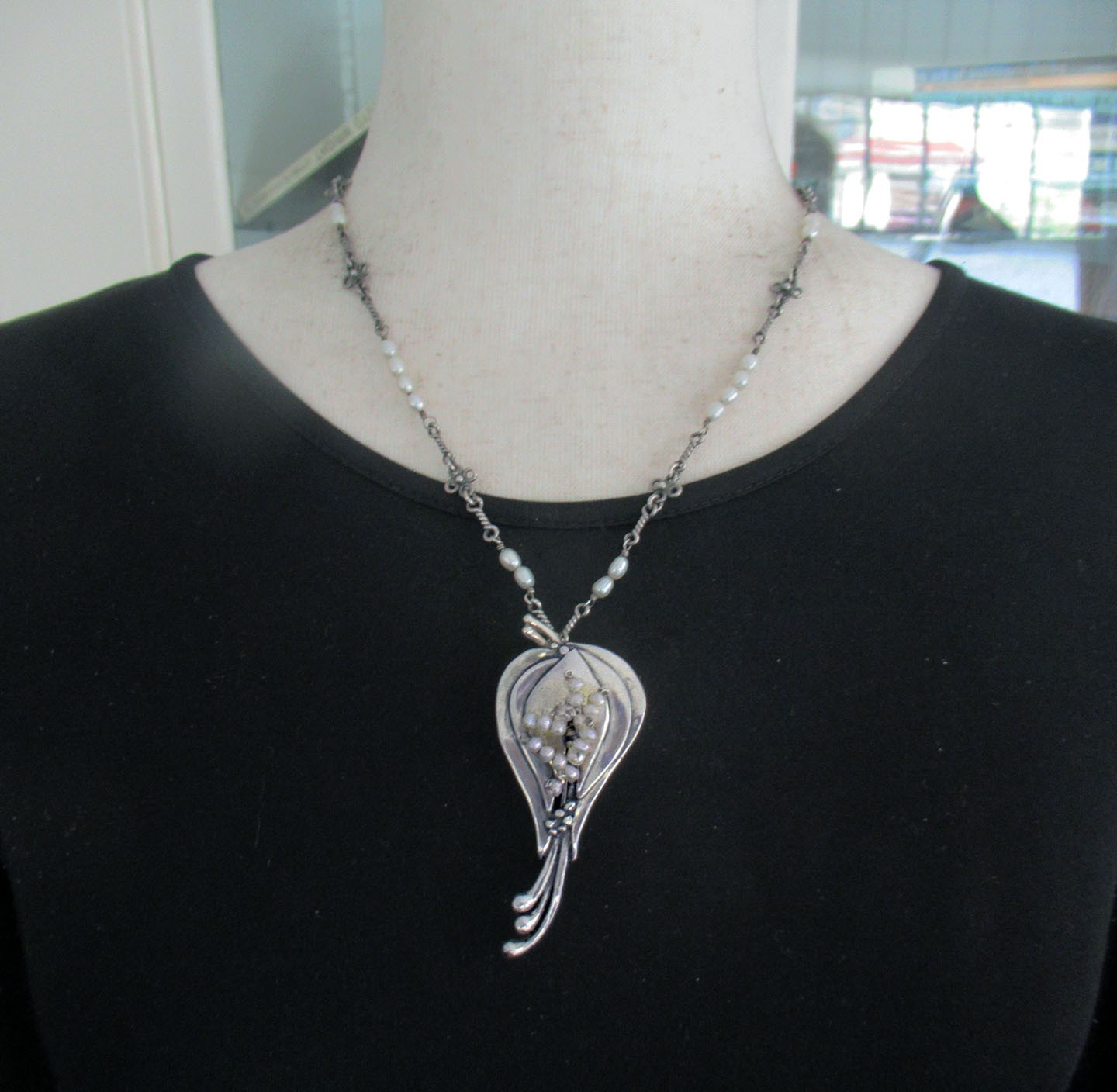 HANDMADE LARGE STERLING NECKLACE PENDANT BROOCH w PEARLS, 2 3/4 INCHES, 34 GRAMS