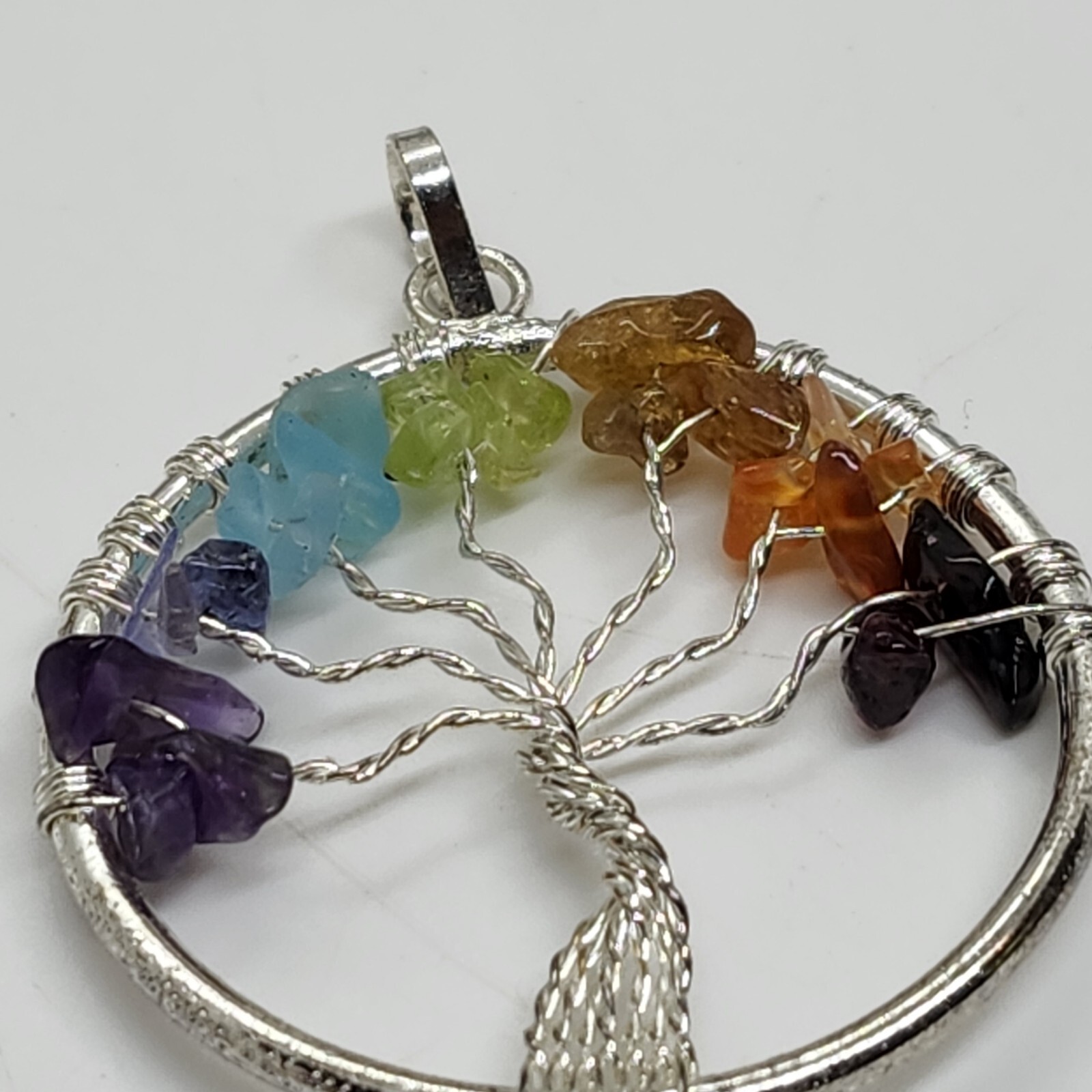 Tree Of Life Pendant Semiprecious Gem Stones Silver Tone Chakra Wire Wrapped