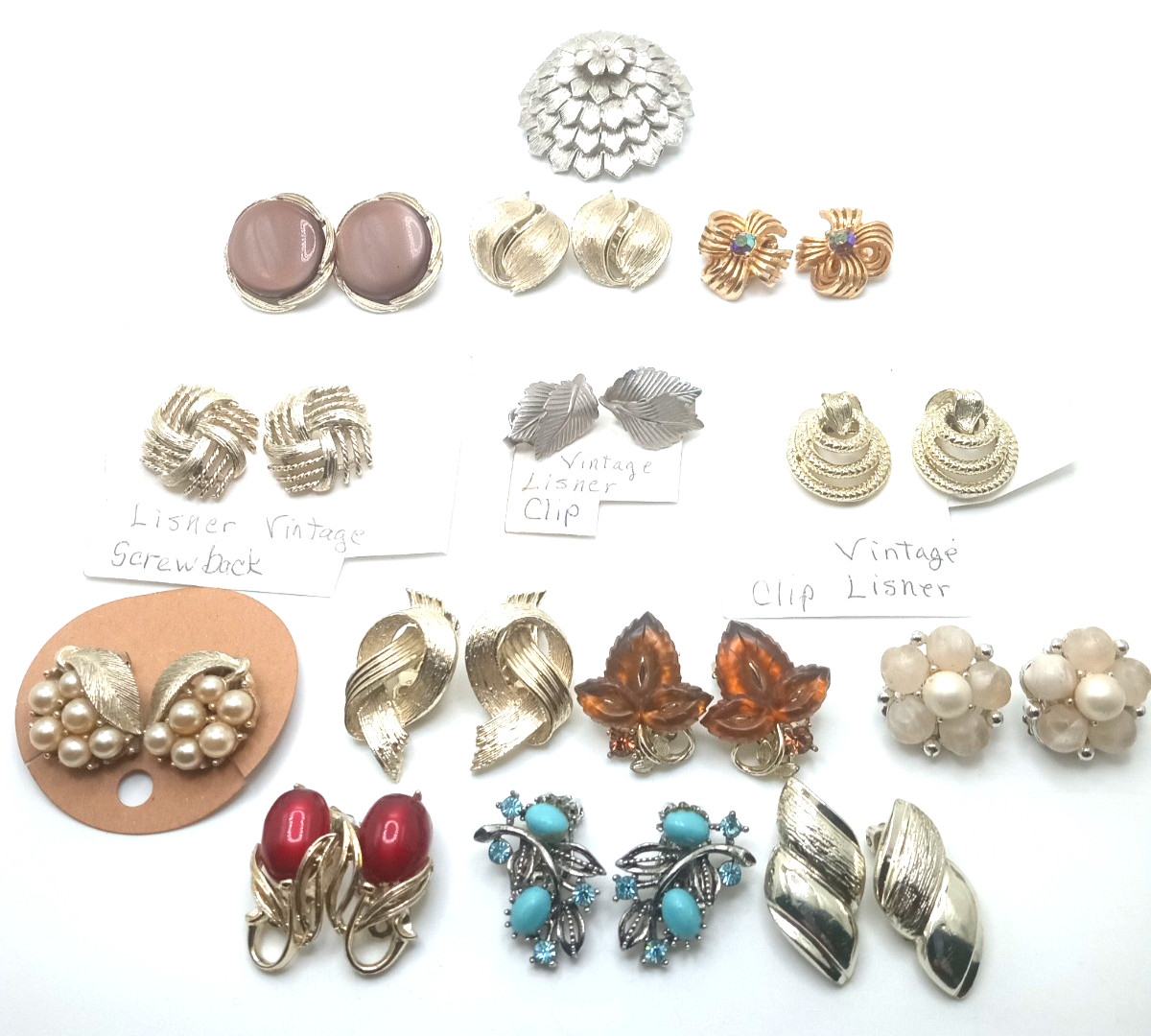 Vtg Lisner 50’s 60’s Clip On Earrings Silver & Gold Tone Lovely Lot of 13 Pairs