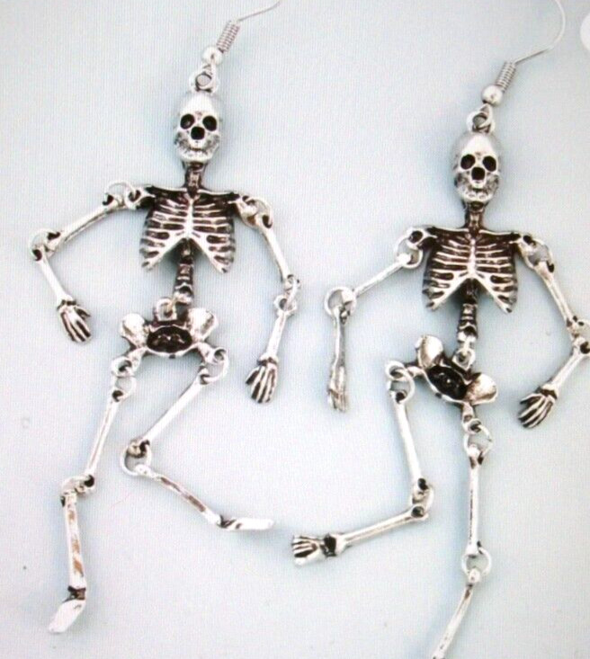 Halloween 3.5″ Dangle Articulated Skeleton Earrings Silver Tone Metal