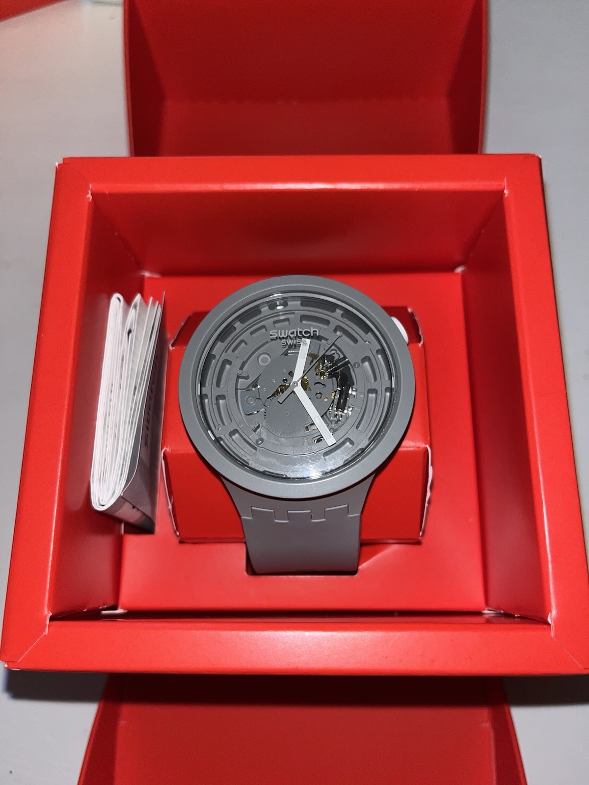 Swatch Big Bold Analog Quartz Watch 47mm Skeleton Gray Dial Gray Strap w/ Box