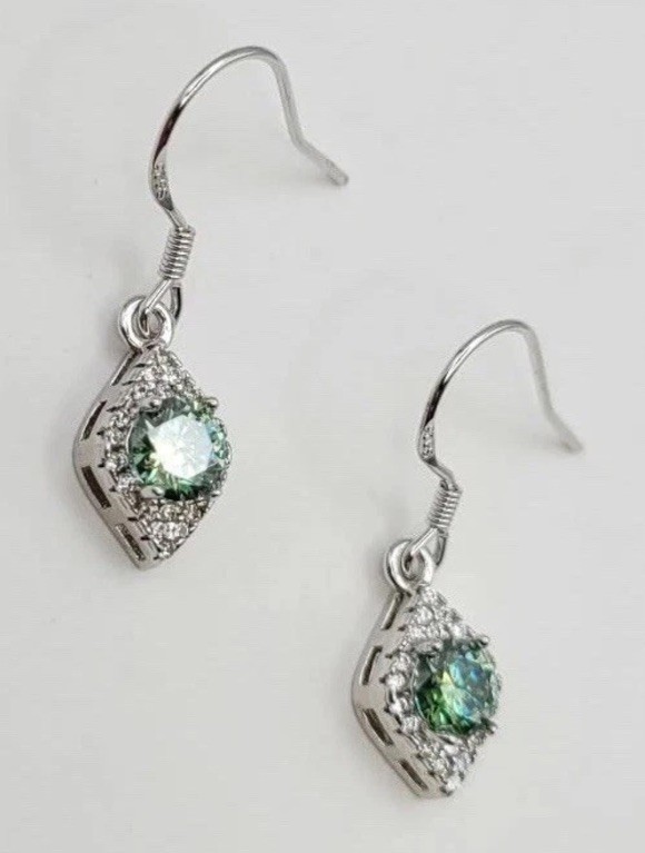 .5 CT Certified Moissanite Blue-Green Earrings 925 Sterling Silver, 18K Gold Pl.