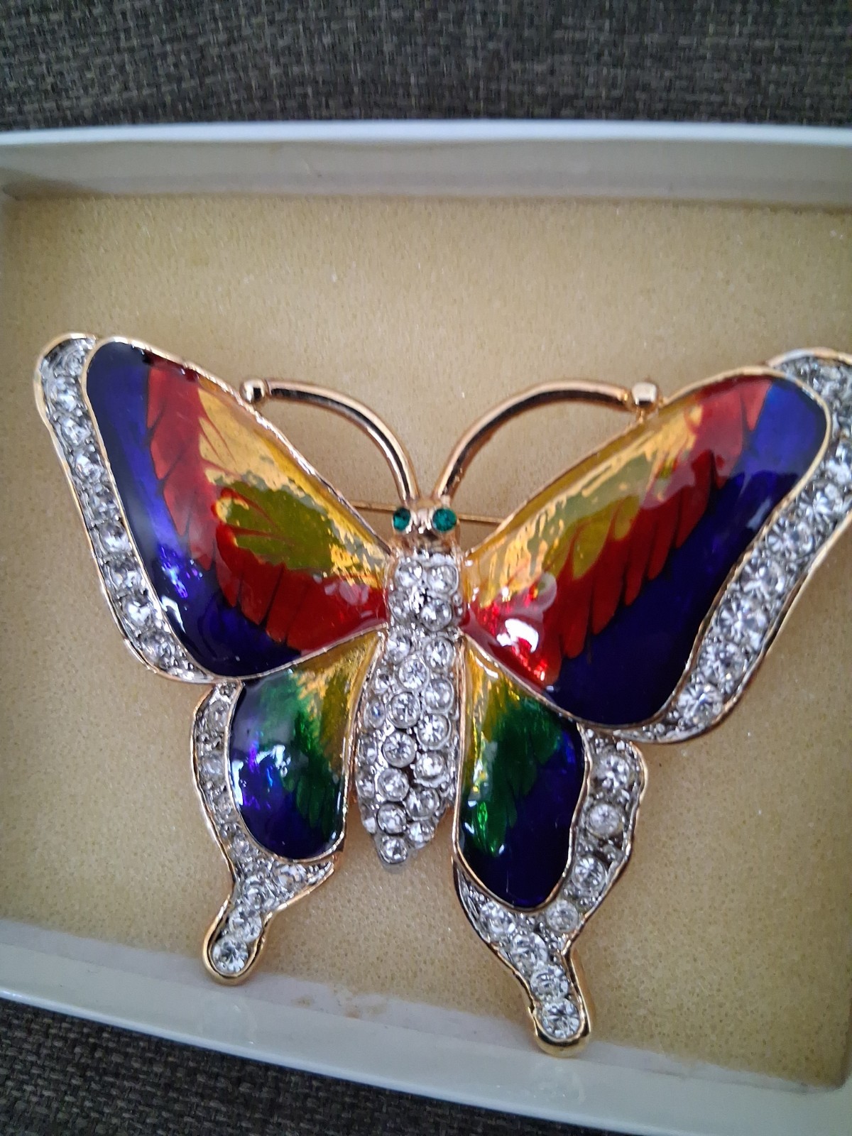 3-1/2″ Vintage Butterfly Enamel Rhinestone Brooches with Boxes
