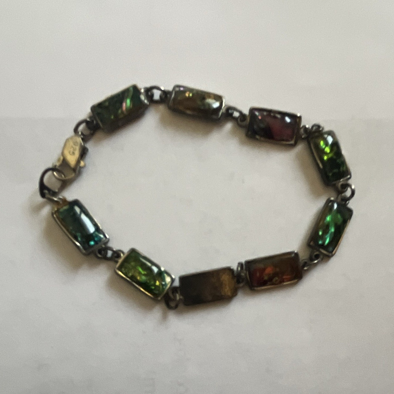 Bar Link Chain Bracelet with Multicolor Rectangular Stones, Lobster Clasp
