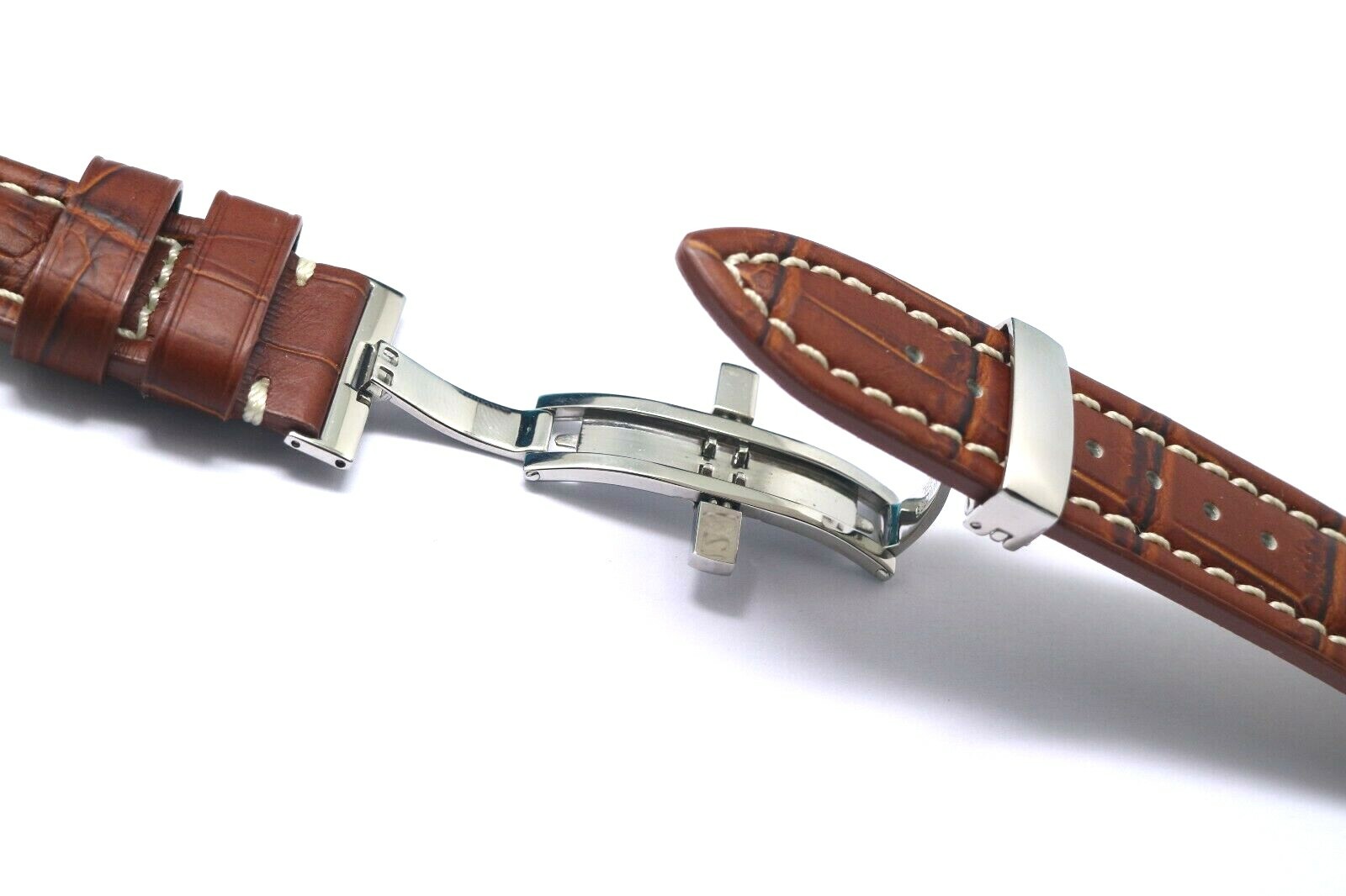 22mm Brown Leather Contrast Stitch Croco Watch Strap W/ Silver Push Button Clasp