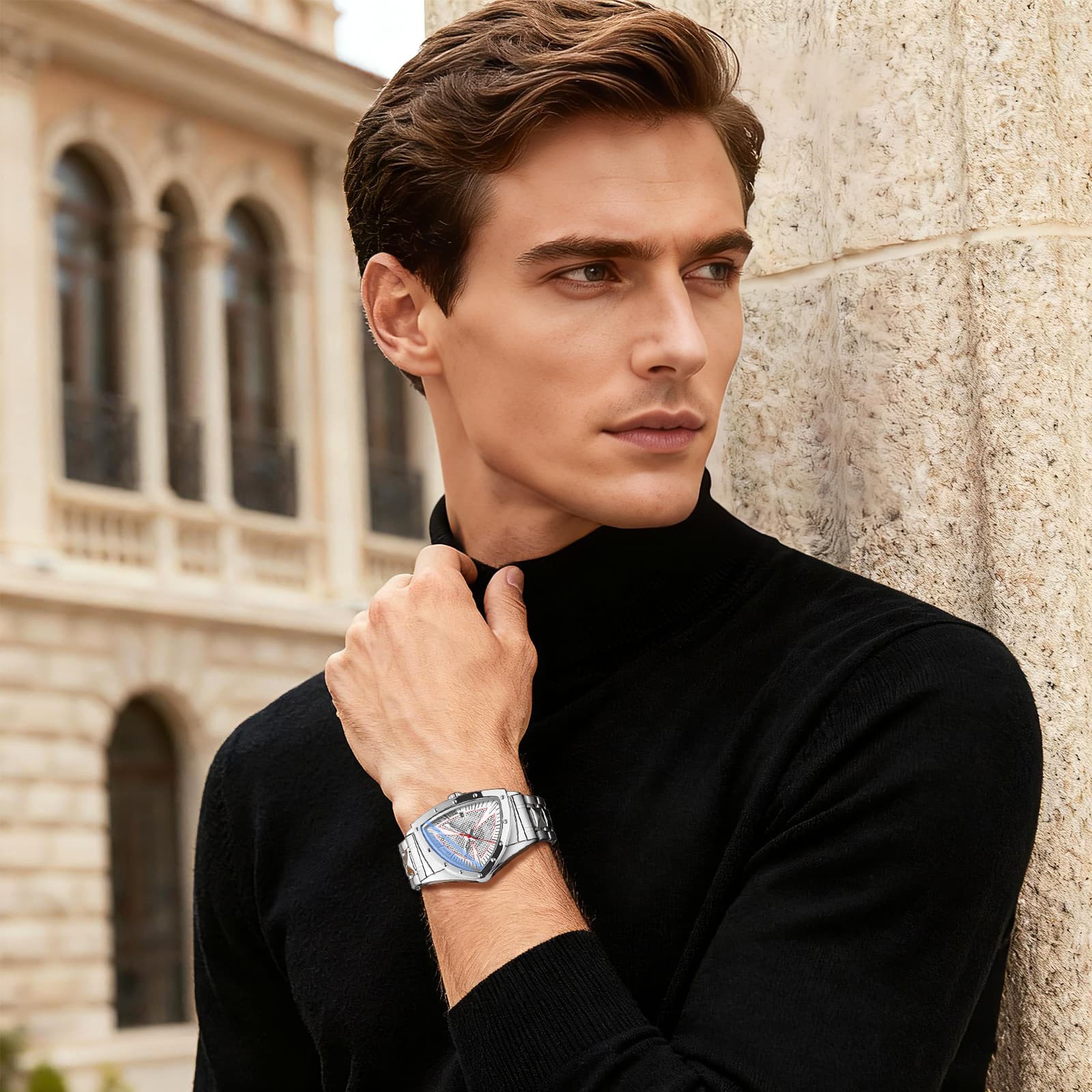 Mens Triabgle Stainless Steel Date Luminous Waterproof Wrist Watch Business Gift