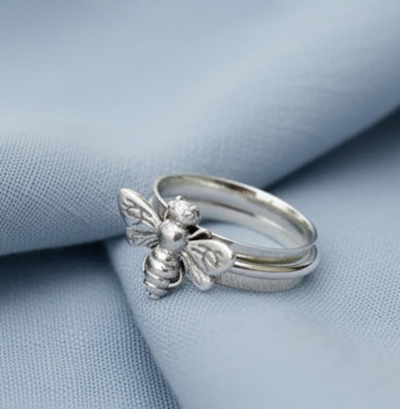 925 Sterling Silver Honeybee Spinner Ring Handmade Fidget Stress Relief Jewelry