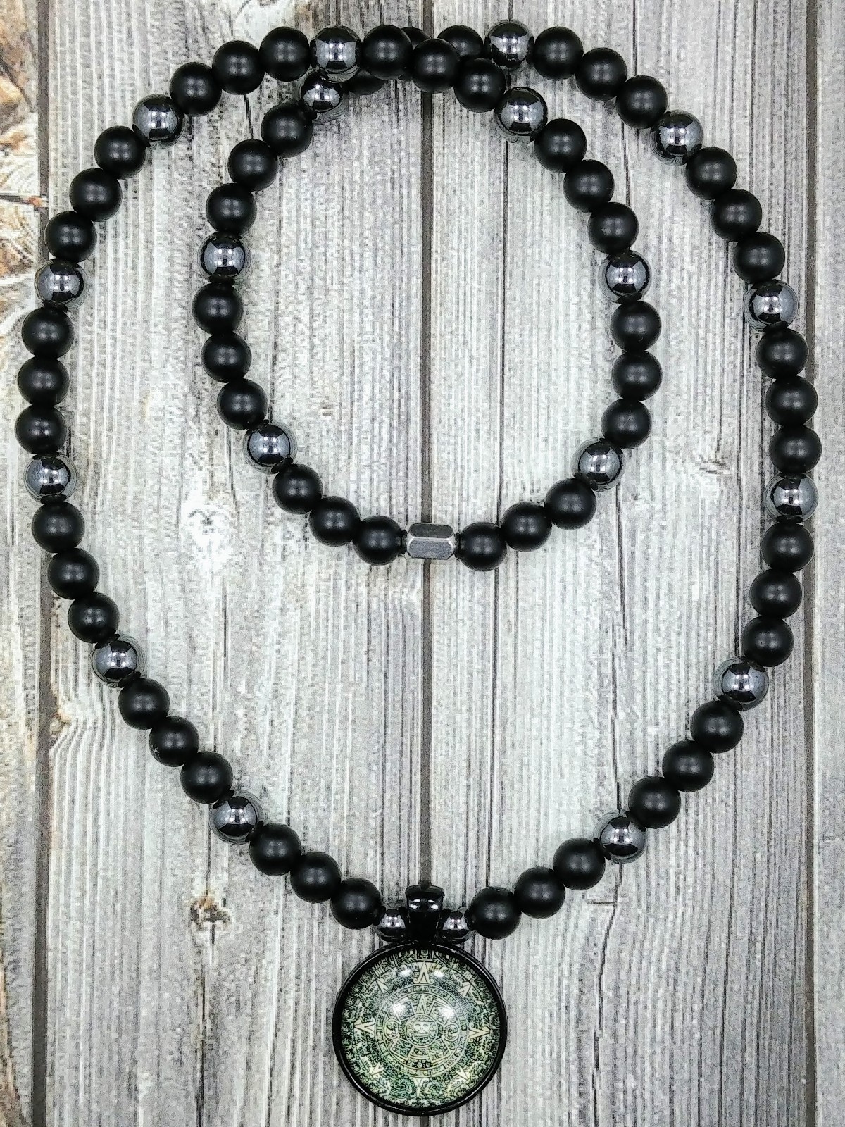 24″L Mexican Aztec Calendar Pendant 8mm Onyx+Hematite Gemstone Beaded Necklace