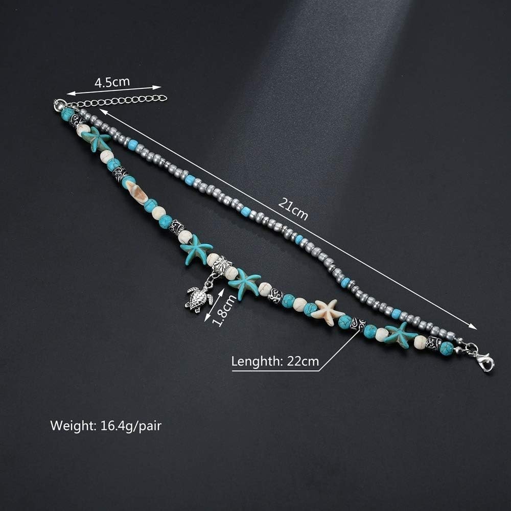 Blue Starfish Turtle Anklet Multilayer Charm Beads Sea Handmade Boho Anklet F…