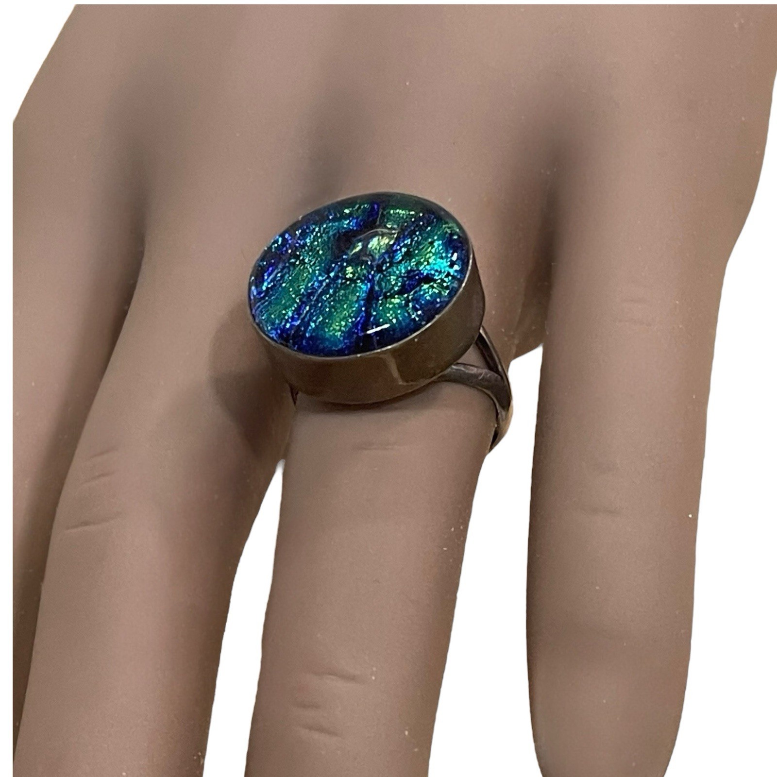 Dichroic Art Glass Ring Sterling Silver 925 Vtg Green Blue Ladies Sz 7.5 Sparkle