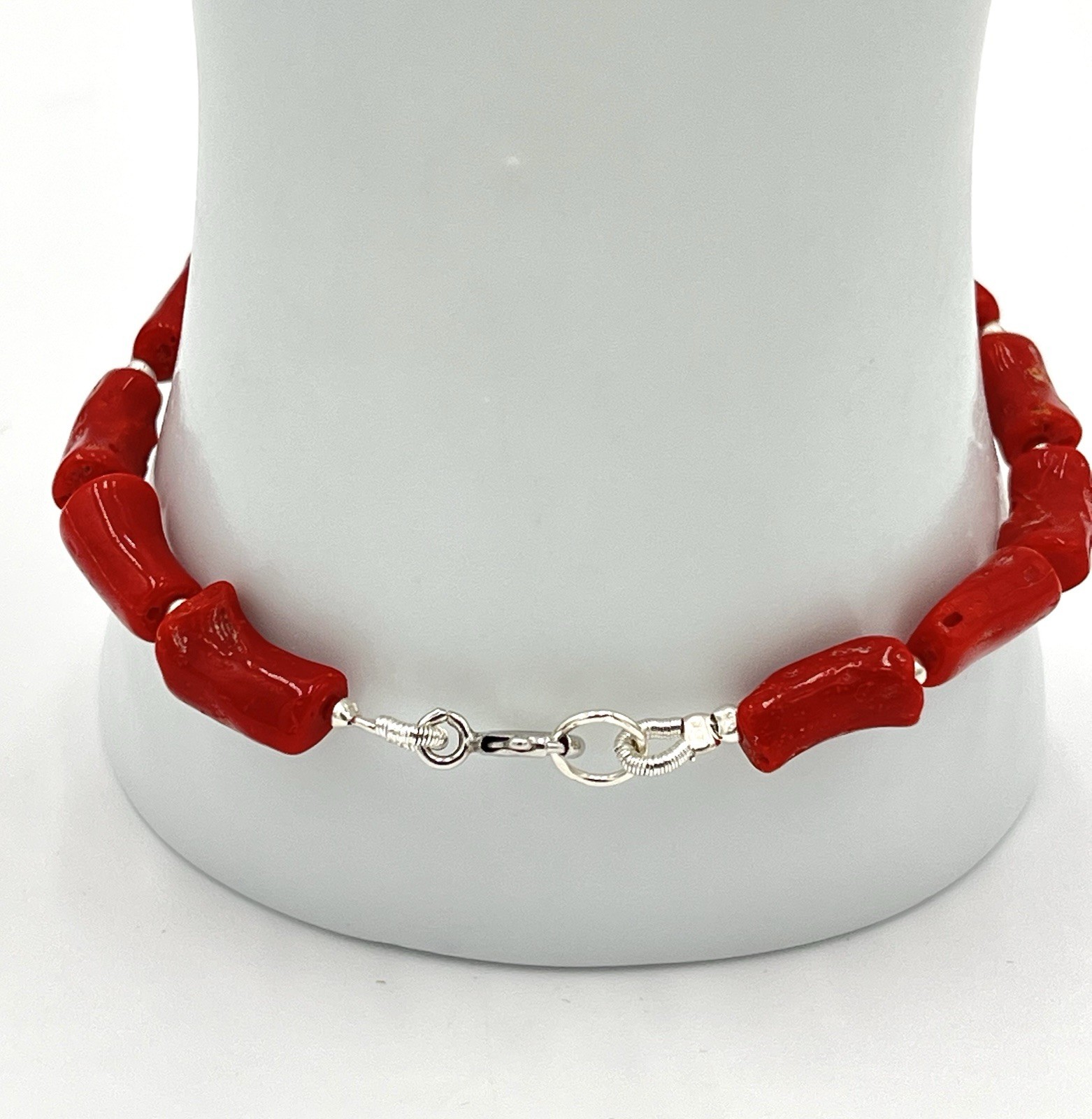 Natural Mediterranean Red Coral Bracelet 19.5cm 925 Silver Unisex Handmade