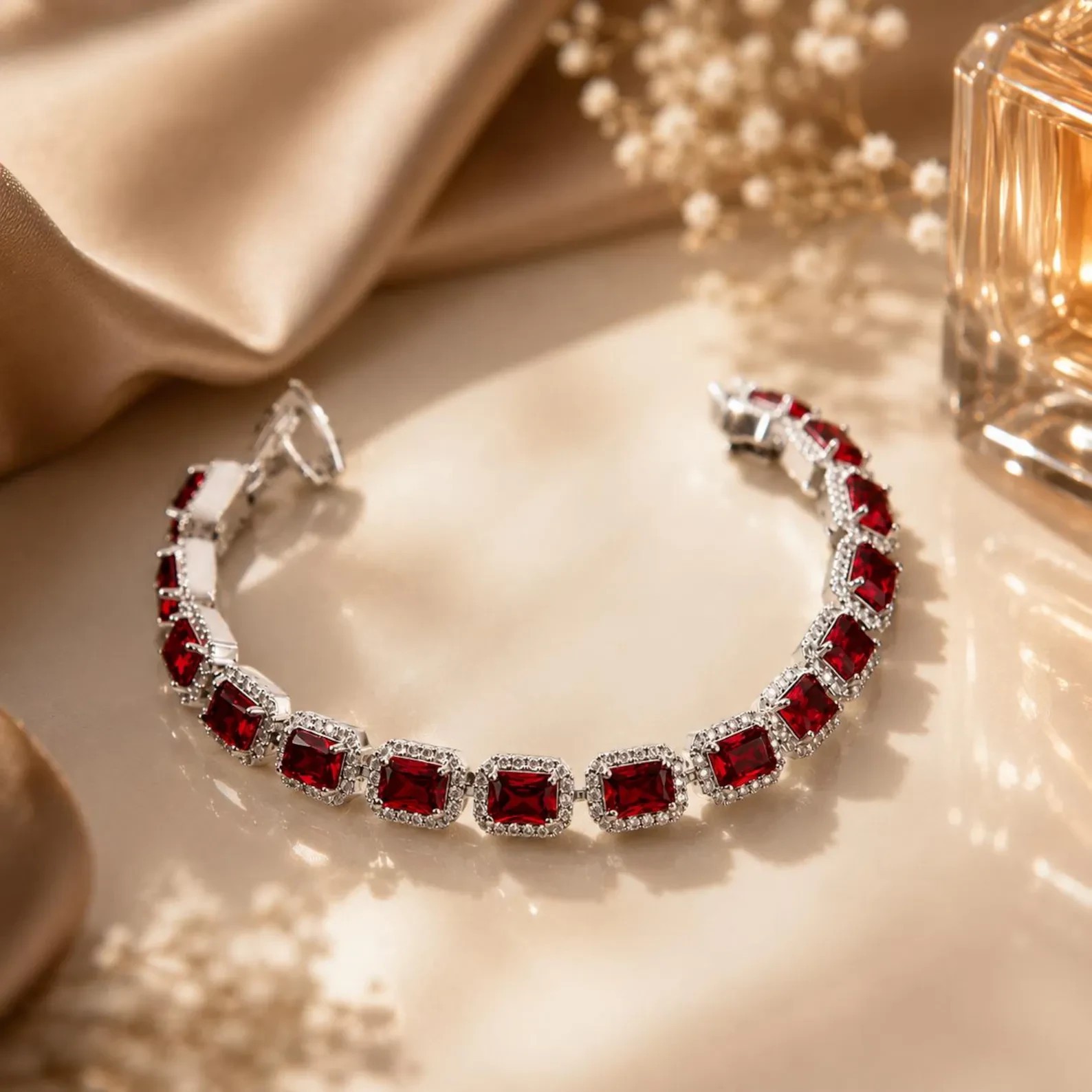 7 Ct Emerald Cut Red Ruby Women’s Tennis Bracelet 14k White Gold Plated