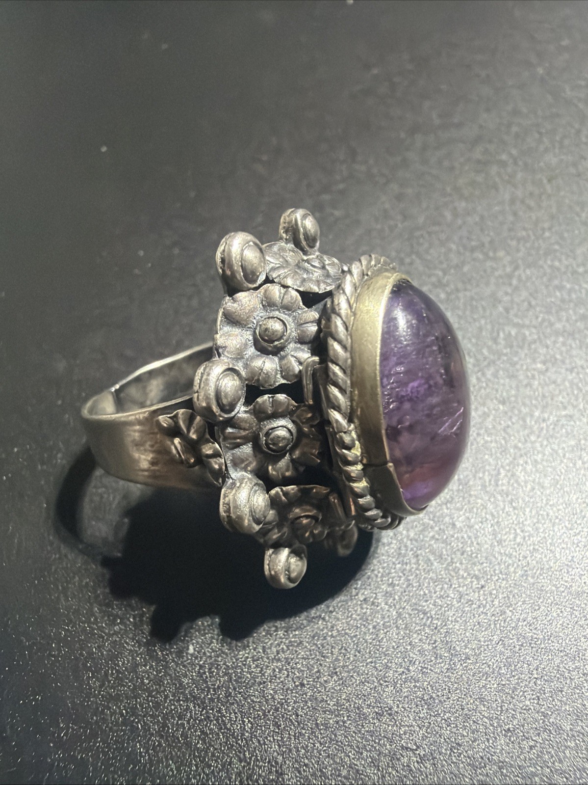 Large Taxco Sterling Silver Amethyst Poison Pill Box Goth Adjustable Ring