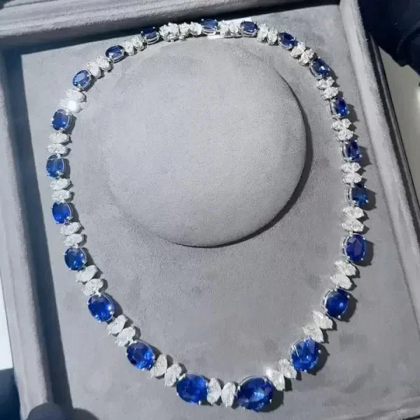 32Ctw Oval Cut Lab Created Blue Sapphire Women’s Necklace 14K Wh Gold Plated 18″