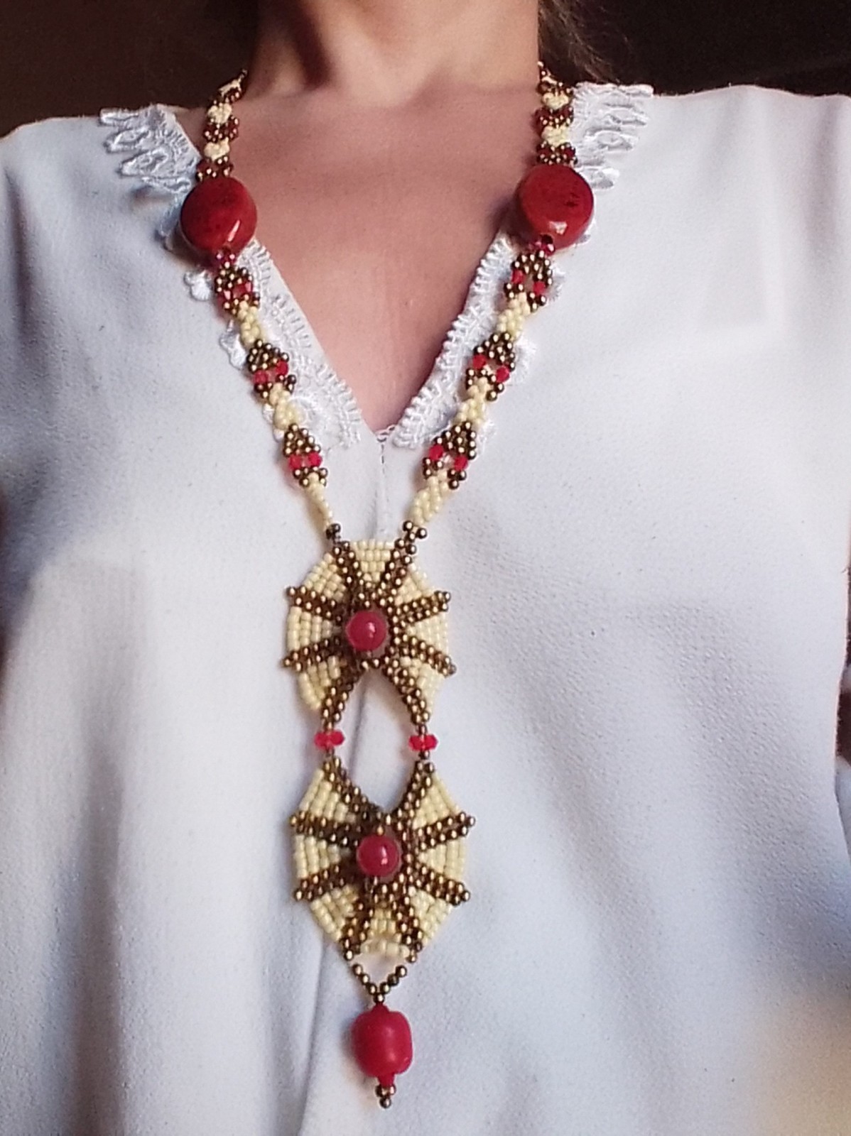 Unique Handcrafted Necklace Agate Stones Coral Bamboo Red Ethnic Long Pendant