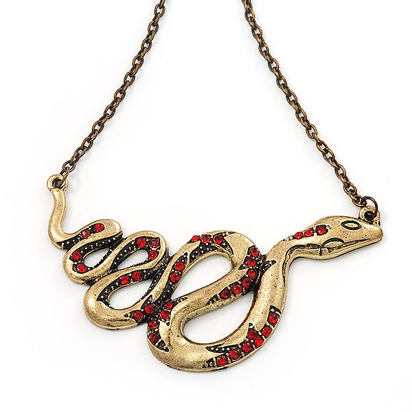 Red Crystal ‘Snake’ Necklace In Bronze Finish – 46cm Length