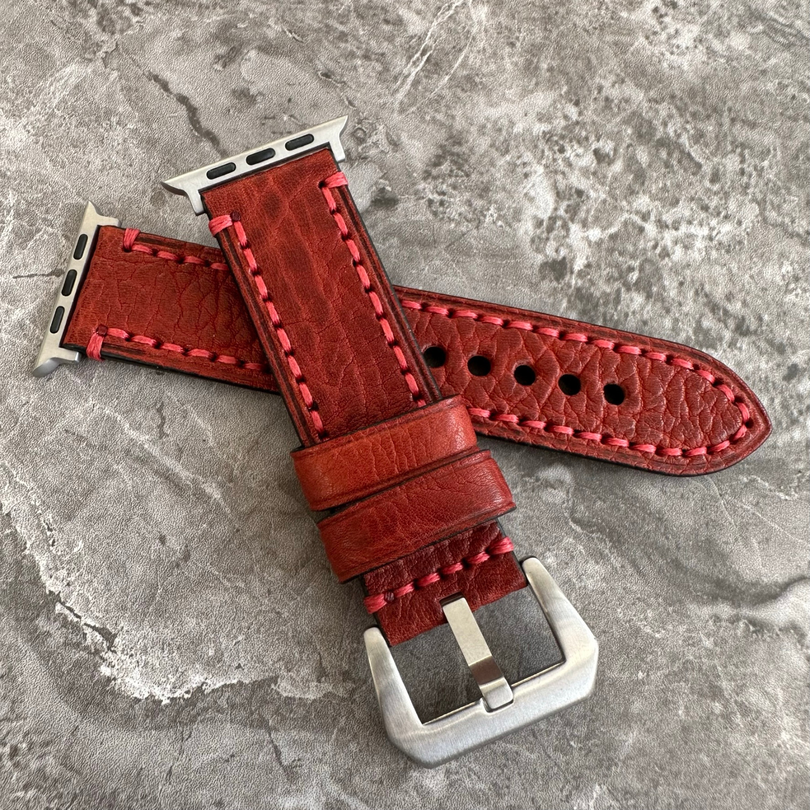 Premium Thick Red Lychee Leather Watch Strap Band For Apple Watch Ultra 1 2 49mm