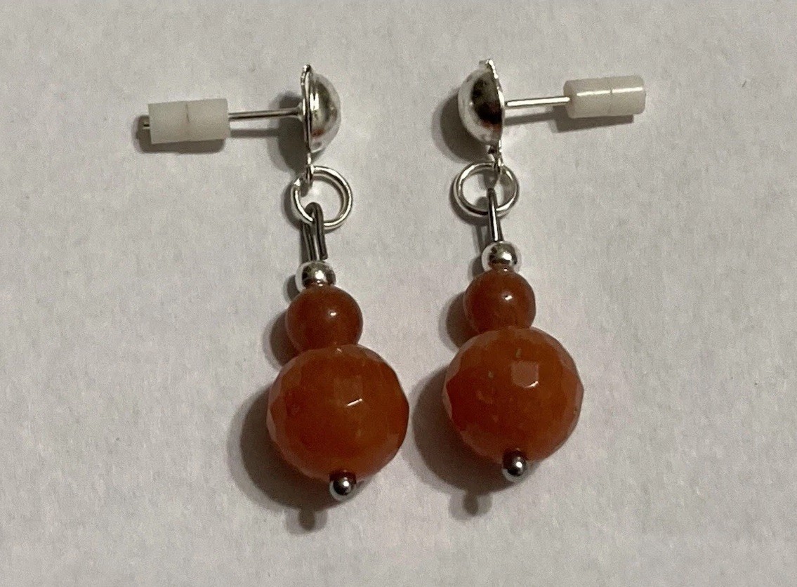 Handmade Orange Brown Aventurine Gemstone Dangle Stud Style Drop Beaded Earrings