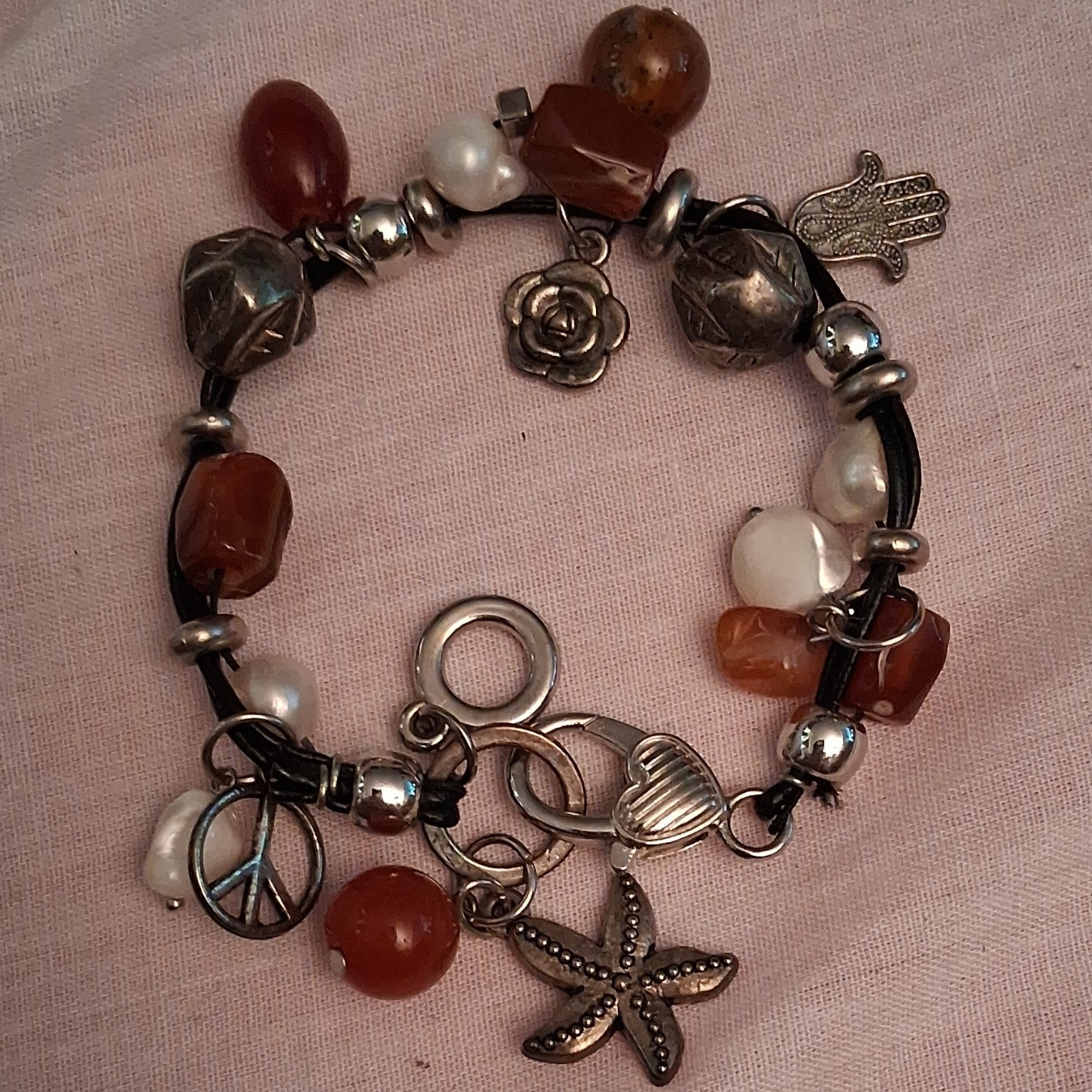 Silver Brown White Metal & Glass Beaded Charm Bracelet Toggle Dangle Beach