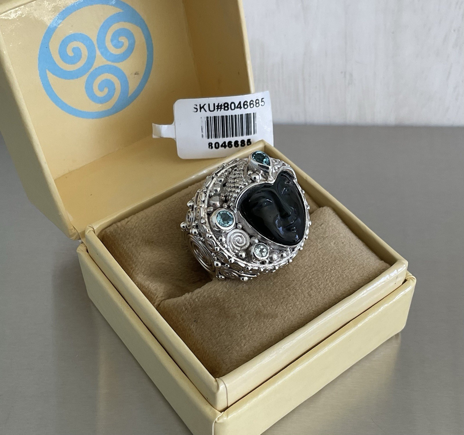 Sajen Carved Obsidian Goddess Face & Blue Topaz Ring 925 Sterling Silver Size 7