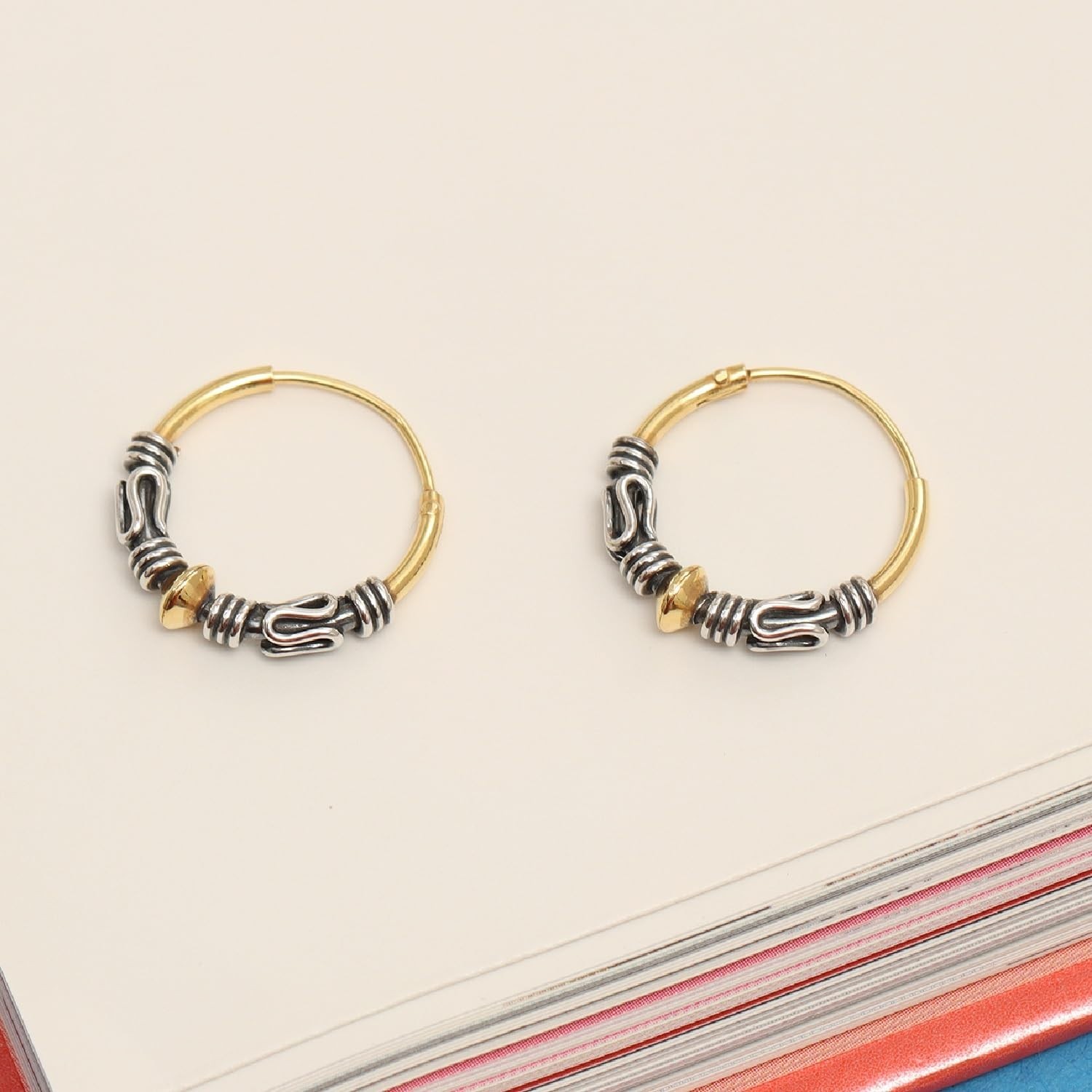 Real 925 Sterling Silver Two Tone Beaded Bali Endless Hoop Earrings for Women