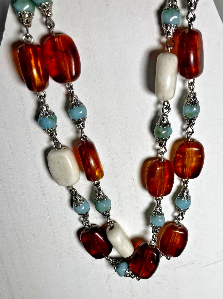 Vtg Beaded Necklace Vibrant Mix Of Amber Turquoise & White Colored Stones Marked