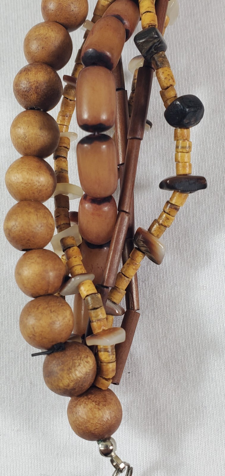 Necklace Statement Earth Tone Wood & Stone Beads Shell Mosaic Pendant 17″ to 21″
