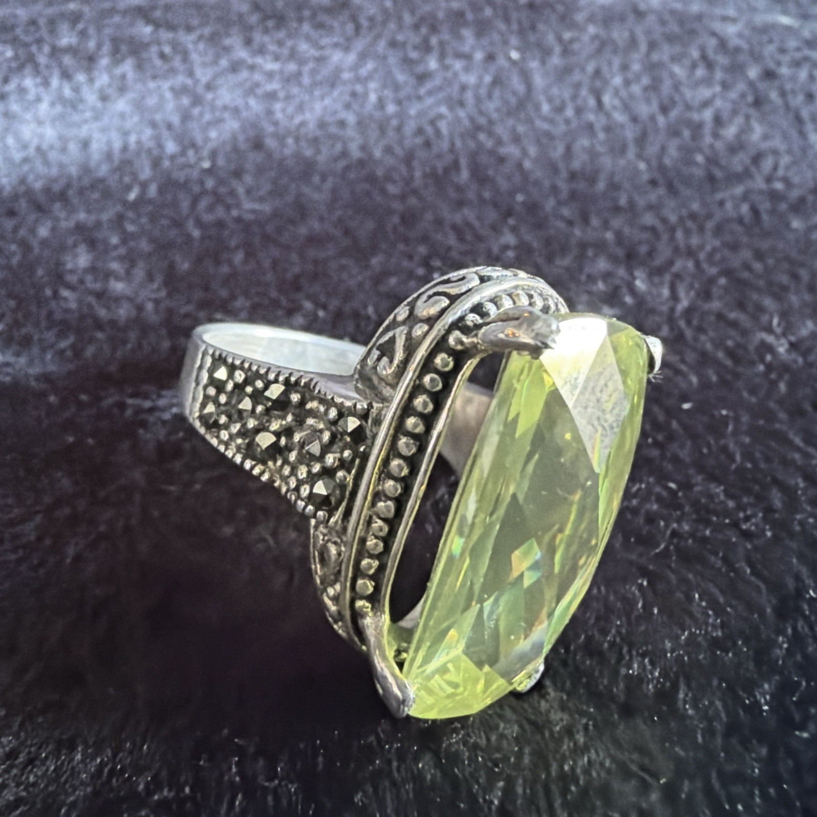 Vtg Sterling Silver Ring .925 Sz 7.5 Marquis PALE Yellow Stone Cocktail Coquette
