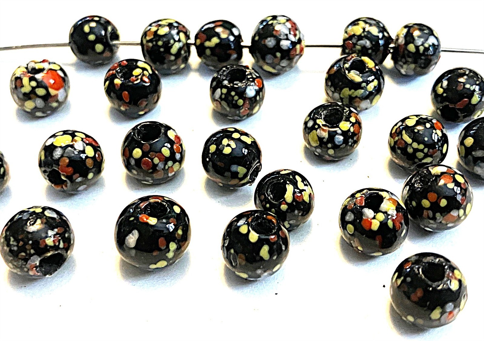 18 Vintage Japan Millefiori Jet Black Handmade Glass 8mm To 9mm Round Beads D40