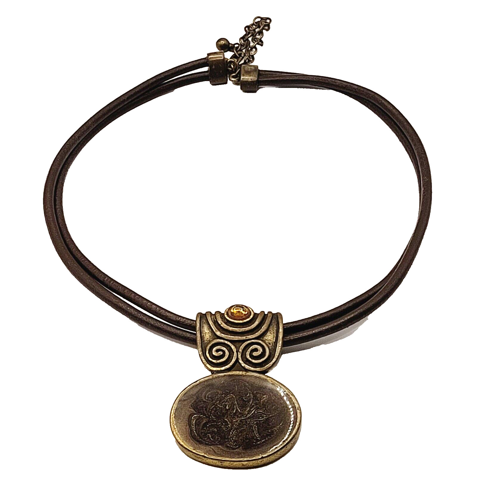 Chico’s Bronze Tone Enamel Medallion w Amber Glass Pendant Necklace Faux Leather